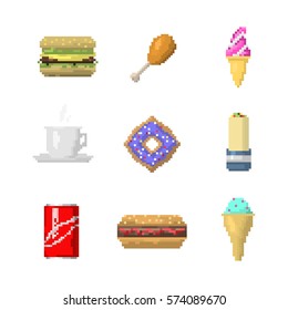 Pixel art fast food icons vector.