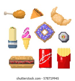 Pixel art fast food icons vector.
