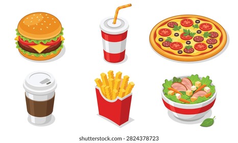 Pixel art fast food meal collection with burger soda pizza salad and fries for game assets