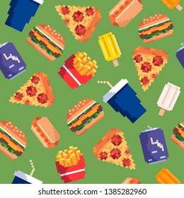 Pixel art fast food pattern with green background. Pixel art hamburger, soda, hot dog, fries, soda can, pizza and popsicles pattern.