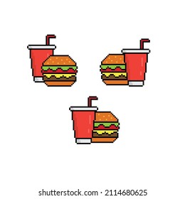 Pixel art fast food restaurant logo template. Pixel burger icon and drink vector