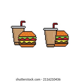 pixel art fast food restaurant  vector game 8 bit logo template. Pixel burger icon and drink vector