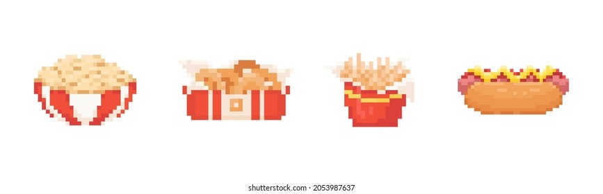 Illustrationen zu schnellen Speisen von Pixel Art. 8 Bit Retro-Icons von Kartoffelpüree, Zwiebelringen, Pommes Frites und Hot Dog. Vektorschnelle Food-Symbole für Spiel, Dekoration, Aufkleber oder Web. 