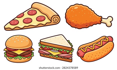 Pixel art fast food set with pepperoni pizza slice fried chicken burger sandwich and hotdog