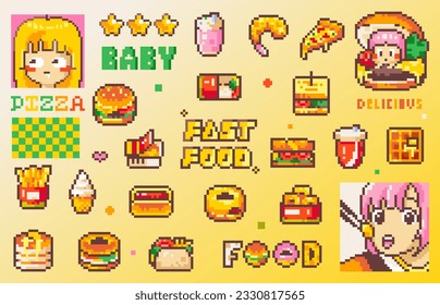 Pixel art fast food sticker set. 8bit retro video game elements like pizza, burger, fries, ice cream, breakfast tasty meal, sandwich, drink, Vector graphic for icons, stickers, emoji, avatars. 