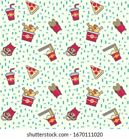 Pixel art fast food texture pattern.
Vector illustration.Pixel pattern for wallpaper, web sites, wrapping paper, for fashion prints, fabric, design,for game platform.