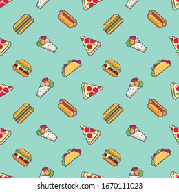 Pixel art fast food texture pattern.
Vector illustration.Pixel pattern for wallpaper, web sites, wrapping paper, for fashion prints, fabric, design,for game platform.