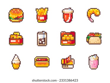 Pixel Art Fast Food Vector Set. Burger, Fries, Soda, Limonade, Garnelen, Kalmare, Kroketten, Nuggets, Burrito, Eiscreme, Hot Dog, Sauce, Ketchup, Milkshake. 8 Bit Retro Style Food Icons.