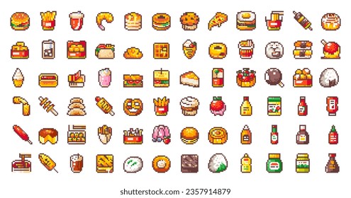 Pixel Art Fast and Street Food Collection. Mega Set of Asian, Korean, Japanese and American Ready and Delicious Meals. 8 bit Retro Style Fast Food Pixels. Burgers, Pastry, Sauces, Cakes, Sandwiches.