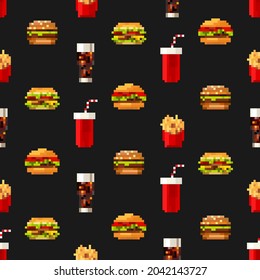 Pixel art fastfood set seamless pattern in style of eight-bit game. Texture for fabric, wrapping, wallpaper. Decorative print. Vector illustration