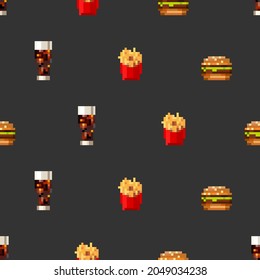 Pixel art fastfood set seamless pattern in style of eight-bit game. Texture for fabric, wrapping, wallpaper. Decorative print. Vector illustration