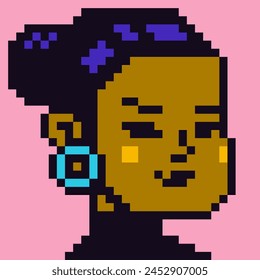 Pixel art female character 8-bit girl, NFT,  80-s, avatar, woman face, cartoon vector icon, game user, web profile persons, people, social net portrait,  minimalistic style. Non-fungible token.