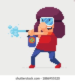 Pixel art female character using disinfectant spray