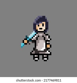 pixel art female knight with short black hair use iron armor and diamond sword vector