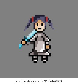 pixel art female knight with twintail black hair use iron armor and diamond sword vector