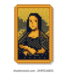 Pixel art female portrait painting. Picture inspired from Mona Lisa painted  by Leonardo da Vinci. Framed masterpiece vector illustration