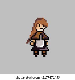 pixel art female villager with brown hair use white apron vector