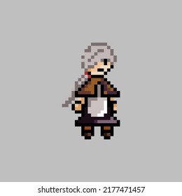 pixel art female villager with silver hair use white apron vector