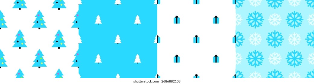 Pixel art Padrões festivos Árvores de Natal, flocos de neve e presentes em fundos azuis e brancos