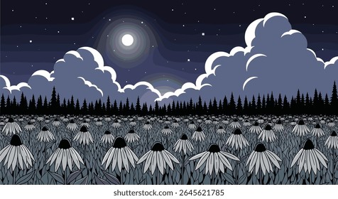 Pixel Art Field of Flowers Under a Starry Night Sky with Clouds