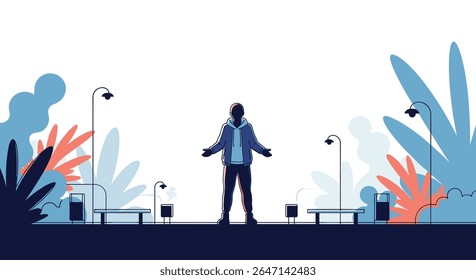 Pixel Art Figura de pé no parque com plantas e bancos estilo de ilustração