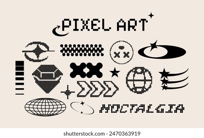 Pixel art figures in abstract form. Y2k shapes. Video game design 8 bit. Vector illustration. Isolated.  Sticker and icons pack. Doodle. Console Retro and vintage symbols. Arcade. Comic set. Groovy