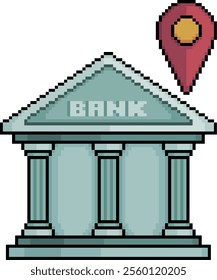 Pixel art of financial bank with GPS pin in 8-bit style