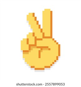 Pixel art of fingers gesturing number two. Pixelated hand gesturing victory sign. 