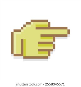 Pixel art of fingers gesturing pointing direction. Pixelated hand with fore finger up, gesturing number one.