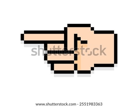 Pixel art of fingers gesturing pointing direction. Pixelated hand with fore finger up.