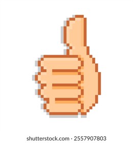 Pixel art of fingers gesturing thumb up sign. Pixelated hand gesturing okay and good sign.