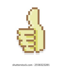 Pixel art of fingers gesturing thumb up sign. Pixelated hand gesturing okay and good sign