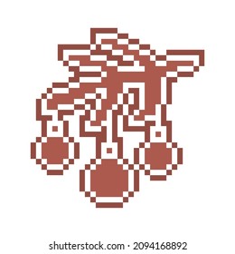 Pixel art fir tree branch with 3 baubles, gingerbread cookie decorated with white sugar icing, 8 bit food icon isolated on white background. Frosted biscuit. Christmas dessert. Winter holiday pastry.