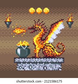 Pixel art fire breathing winged dragon guarding treasure pot with gold and gems on dungeon background. 8 bit fantasy videogame sprites on medieval game location with burning torches and RPG coins.