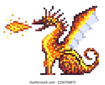 Pixel art fire breathing winged dragon breating with fire for 8 bit fantasy RPG videogame.