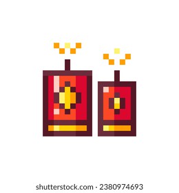 Pixel Art Fire Crackers. Retro 8 bit Style Traditional Firework Petards Illustration. Ideal for Sticker, Retro Decorative Element, Game Asset, Emoji, Patch, Avatar.	