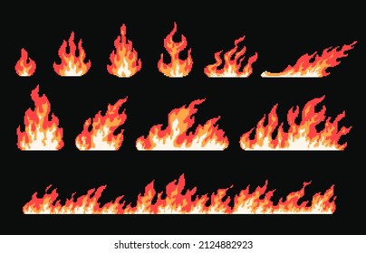 Pixel art fire and flame, burning effect for 8 bit games. Background bonfire border. Retro arcade game fire energy attack icons vector set. Illustration of flame and fire bright