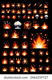 Pixel art of fire flames, explosion flashes and cartoon sparks in retro 8-bit video game style.