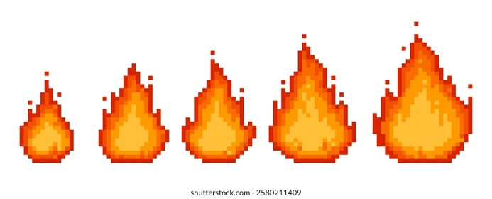Pixel art of fire flames in various sizes. on a white background. 8 bit sprite sheet for video game assets on a white background. vector graphics.