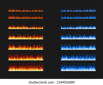 Pixel art fire game animation, blue and red flames effect for vector 8 bit background. Cartoon pixel art firewall or bonfire burn, animated fireball blaze of burning wildfire for 8bit animation