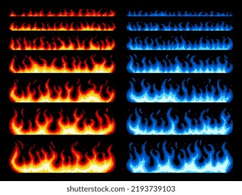Pixel-Kunstfeuer, Spiel-Animation von blauen und roten Flammen, Vektorgrafik 8-Bit-Objekt und Effekte. Cartoon-Pixelkunst-Feuer oder Videospiel-Arcade-Firewall und brennendes Feuer, 8-Bit-animierter Feuerball oder Brennen