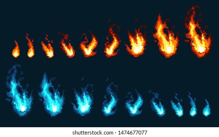 Pixel art fire. Game icons set. Comic boom flame effects for emotion. Blue and red flames. Animation frame. Process steps, Video fire.