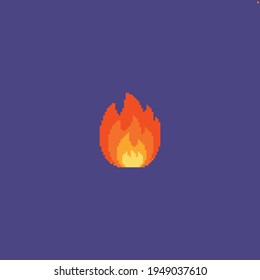 Pixel art fire icon isolated on violet background