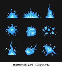 Pixel art fire. A set of game elements. Flame and explosion effects. Blue flame. Vector illustration on a black background.