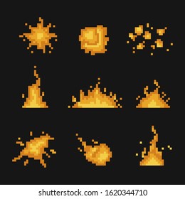 Pixel art fire. A set of game elements. Flame and explosion effects. Red flame. Vector illustration on a black background.