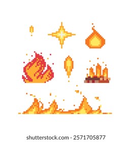 Pixel art fire set icon, flame knitted design. Isolated vector illustration. 8-bit sprite. Old school computer graphic style. Game assets.