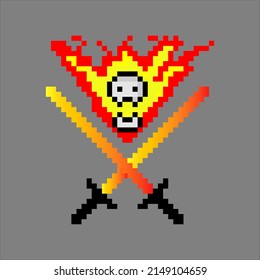 Arte de píxeles con cabeza de cráneo de fuego y icono de espadas cruzadas. Ilustración vectorial.