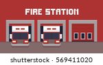 Pixel art fire station garage with two fire trucks