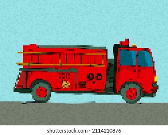 Pixel art fire truck, vector illustration