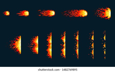 Pixel art fireball. Game icons set. Comic boom flame effects for emotion. Red flames. Animation frame. Process steps, Video fire.